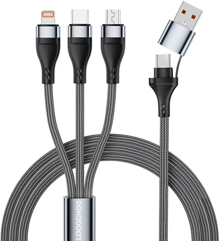 Câble de Chargeur Multi, Câble de Charge Rapide USB A/USB C 5 en 1 avec Connecteur iPone/Micro/Type C, pour iPhone, Samsung Galaxy, Casques, Banque d'alimentation, Caméra, Câble Tressé en Nylon