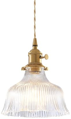 ZTTECH Suspension en Verre Vintage Lampe Suspendue Rétro avec Douille E27 en Laiton et Interrupteur Intégré pour Îlot de Cuisine, Salle à Manger, Salon, Bar, Café, Chambre (Transparent, 18cm)