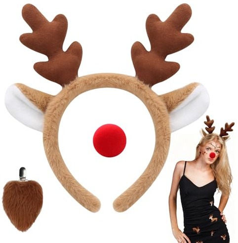 YUYWWAN Rentier Kostüm Zubehör, Rentier Geweih Haarreif Weihnachten und Rentiernasen & Schwanz, Weihnachts Elchgeweih Kopfschmuck Zubehör für Kinder Erwachsene Weihnachten Rollenspiel Mottoparty