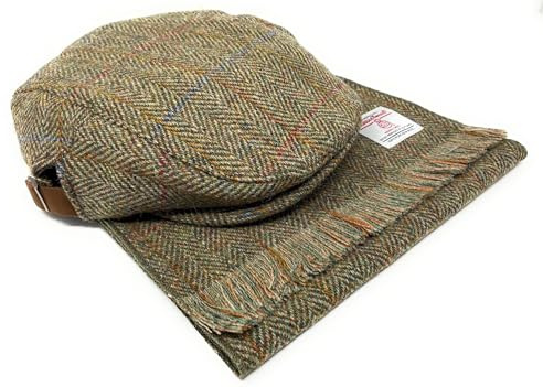Scott and MacKenzie Harris Tweed Grünes Fischgrätenmuster Flatcap und Schal Set