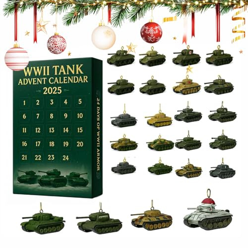 2025 WWII Tank Adventskalender, 24 Tage Weihnachten Countdown Kalender mit 24 ikonischen WWII Tank Ornamenten, Tank Adventskalender 2025, 2D Acryl Design, für Modellsammler, History Buffs