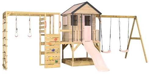 Wendi Toys M60-G Stelzenhaus mit Rutsche, Doelschaukel, Kletterturm aus Holz, Spielhaus Kinder Outdoor Garten mit Kletterwand, Kletternetz, Sandkasten, 342×563×242 cm (Pastellrosa)
