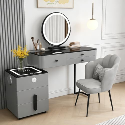 Dressing Table with Adjustable Lighting Mirror, Vanity Desk with 5 Drawers, Wireless Charging, Bluetooth Speaker, Modern Makeup Table for Women Girls Gift, Bedroom, 100CM, Grey