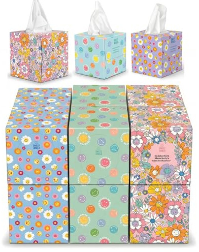 SMILEYWORLD - Lote de 12 cajas de pañuelos de papel faciales ultra suaves – 576 pañuelos – 3 capas – cajas de pañuelos diseño cubo (diseños diferentes) – 48 hojas por caja (BLOOM EDITION)