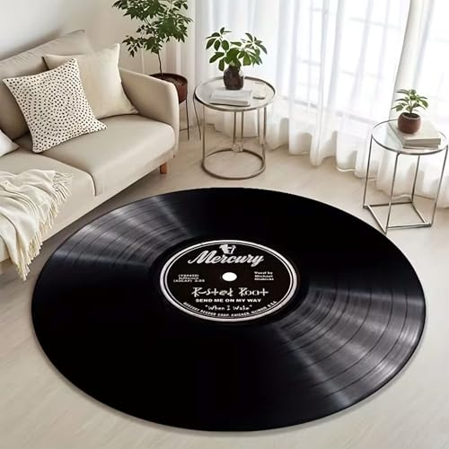 SOJAWA Schallplatte Runder Teppich Retro Musik Motiv Design, Waschbar Antirutsch Kurzflor Teppich für Wohnzimmer Schlafzimmer Büro Musikstudio, Dekorativer Rundteppich Schwarz 60cm Runde