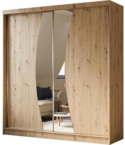 BEAUTY SOFA Vox - Schrank mit Spiegel - Kleiderschrank mit Schiebetüren - Garderobenschrank, Mehrzweckschrank, Flurschrank - 200cm breit - Artisan Eiche