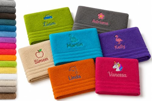 Pet-Jos Personalisierte Handtuch oder Badetuch oder Gästetuch/Kinderhandtuch mit Namen & Motiv Bestickt, Schön gestickter Name Handtuch, viele Farben und Motive (Gästetuch/Kinderhandtuch 30x50 cm)