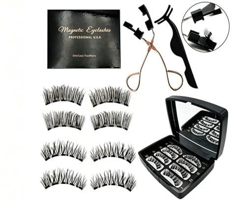 4 Paar Magnetische Wimpern 3D Künstliche Wimpern Wiederverwendbar | Ohne Eyeliner und Kleber mit Wimpernzange Pinzette für natürlichen Look Alltag Party Hochzeit
