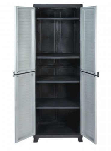 Kreher Kunststoffschrank Elite, hohe Version, 4 verstellbare Einlegeböden | Abschließbar mit je 20 kg Tragkraft pro Boden, für Keller und Garage, in Schwarz/Grau