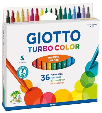GIOTTO Turbocolor Felt Tip Fibre Pens, Fine Tip Nib 2.8mm, 36 Assorted Colours, Ideal for Children, Parties and Schools