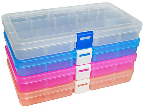 DUOFIRE Plastic Storage Box 15 Compartments Adjustable Divider Organizer Jewelry Earring Tool Containers (4 Packs, 4 Colors)