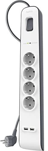 Belkin Ciabatta multipresa con USB e 4 prese, protezione dalle sovratensioni con 4 prese CA protette e 2 porte di ricarica USB-A da 2,4 A, cavo di prolunga da 2 m, presa multipla per casa e ufficio
