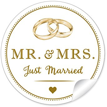 24 STICKER: Edle Retro Hochzeitsaufkleber MR. & MRS. - Just Married in weiß mit illustrierten Ringe und Herz im Vintage Style zur Hochzeit • Aufkleber/Etiketten: 4 cm, rund, matt