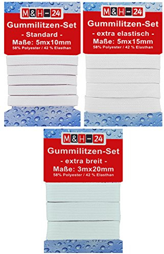 M&H-24 Gummiband zum Nähen 10mm 15mm 20mm Breit - Reißfestes Wäschegummi. Hosengummi. Gummibänder. Gummizug. Gummilitze Set 95°C Waschbar Kochfest Nähzubehör Basteln DIY Weiß 13m