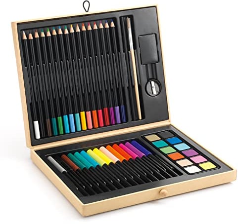DJECO Boîte de Couleurs, dès 5 Ans - Contient Crayons, Feutres, Gouache, Pinceau, Gomme, Taille-Crayon - Stimule la Créativité - Mallette Art Portable et Personnalisable - Qualité Supérieure, EU
