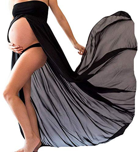 Angel ZYJ Femme Enceinte Robe en Mousseline Sexy Grossesse Femme Bandeau Robe pour Maternité Photo Shoot (Noir, m)