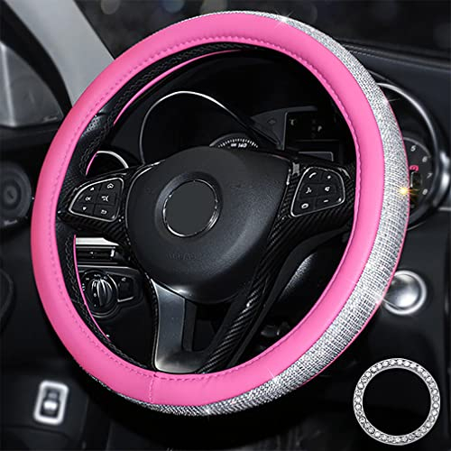 Pahajim Universal Crystal Lenkradbezug Glitzer Lenkradhülle mit Bling Bling Strass, Leder Glitter Lenkrad Abdeckung für Mädchen Damen-38cm (Pink-Weiß)