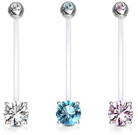 Lovepiercing Lot 3 Piercings Nombril Elena Grossesse Pierre Zirconium Bébé Maternité Longue Barre Acrylique Retainer Bioflex