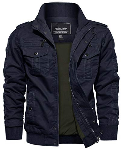 EKLENTSON Herren Outdoorjacke Männer Cargo Jacke Arbeitsjacke Stehkragen Reißerschluss Multitaschen (L, Navy)