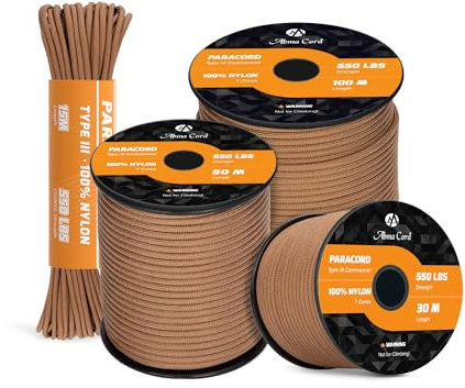 Abma Cord 550 Paracorde 4mm 30m Type III Corde 100% Nylon 7 Brins pour Bracelet, l'artisanat, Survie, Extrieur - Max. 250 kg - Brun