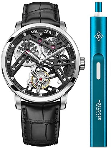 Agelocer Men's Top Brand Double-Sided Hollow Tourbillon Hand-Operated Mechanical Leather Luxury Watch (AGL:9001A1)