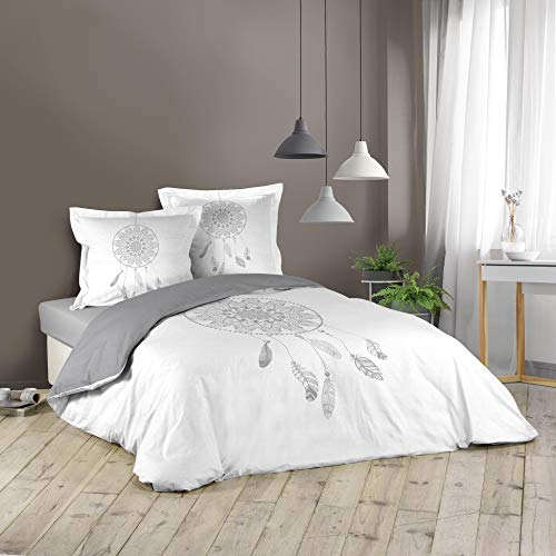 Dynamic24 3tlg. Wende-Bettwäsche 240x220cm 100% Baumwolle Übergröße Bettgarnitur Traumfänger beige Weiss grau King Queen Size mit 2 Kissenbezügen und 1 Bettdeckenbezug