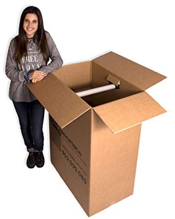 Pack 5 Cajas de Cartón (Caja Armario) 750x450x1000mm. Incluye soporte para perchas de plástico. Con impresión Cajadecarton.es