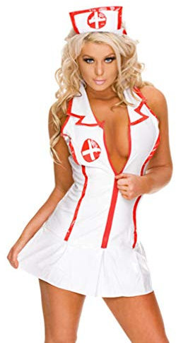 Wxxly Sexy Damen Krankenschwester Kostüm Kurzarm Minikleid mit Petticoat Faltenrock Dessous Uniform Kleid Halloween Cosplay Verkleidung,Weiß,M