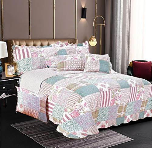 B&B King Size Quilt Bedspread Throw Quilted Patchwork Comforter 3 Piece Bedding Set + 2 Pillow Cases for Girls Bedroom Décor - 100% Cotton Warm Blanket (Blossom)