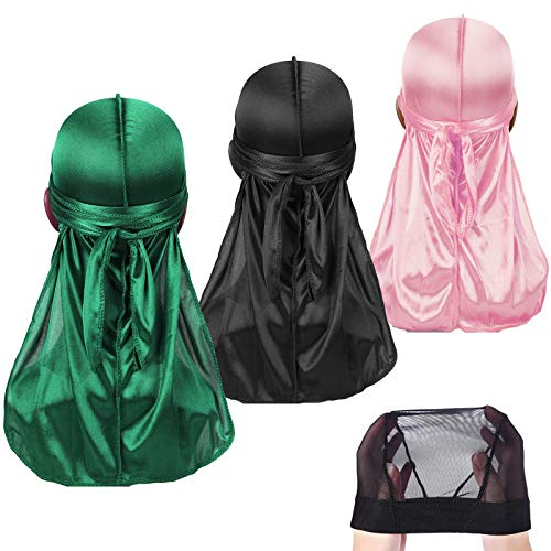 DaMohony 3 Stück Seidige Durag Packung mit Wellenkappe für Männer Frauen Wellen, Satin DOO Rag, Kopfwickel Durag Langen Schwanz Kopftuch Sanft Deckel für Haarwellen