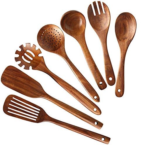 Fransande Wooden Kitchen Utensils Set,Wooden Spoons for Cooking Natural Teak Wood Kitchen Spatula Set for Including 7 Pack