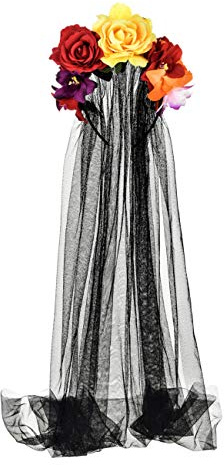 Day of the Dead Headpiece Rose Floral Crown Halloween Costume Mexican Headband with Veil (Red Yellow Orange Black Veil)