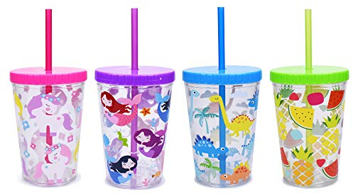 Home Tune Trinkflasche für Kinder Tumbler Wassertrinkbecher - BPA-frei, Strohdeckelbecher, Wiederverwendbare, leichte, auslaufsichere Wasserflasche Meerjungfrau, Dinosaurier, Obst 470ml 4 Pack