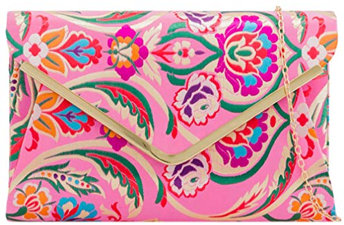 Purple Possum® Clutch, rosa Satin, Abendtasche, Damen, groß, blau, gelb, grün, Blumen, Schultertasche, Abschlussball, Hochzeit, Handtasche, Rosa, Mehrfarbig, Large