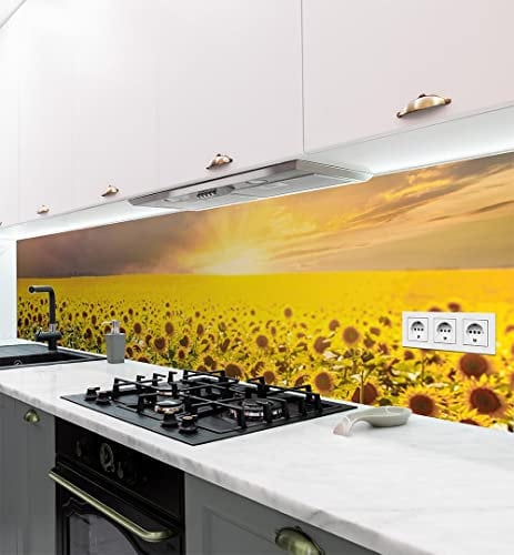 MyMaxxi Küchenrückwand selbstklebend – matte, 0,4 mm Premium Spritzschutz Folie als günstige Alternative zu Glas, einfache Montage & leichte Reinigung – Motiv: Feld aus Sonnenblumen B 220 cm x H 60 cm