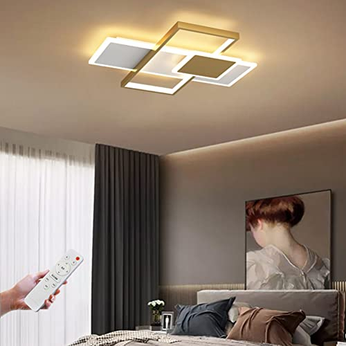 LED Deckenleuchte Schlafzimmer Dimmbar Deckenlampe Mit Fernbedienung, 3-Lagiges-Eckiges-Design Lampe Wohnzimmer Deckenleuchtung Aus Metall Und Acryl, 55W Modern Innen Erleuchtung Lampe 52cm Gold