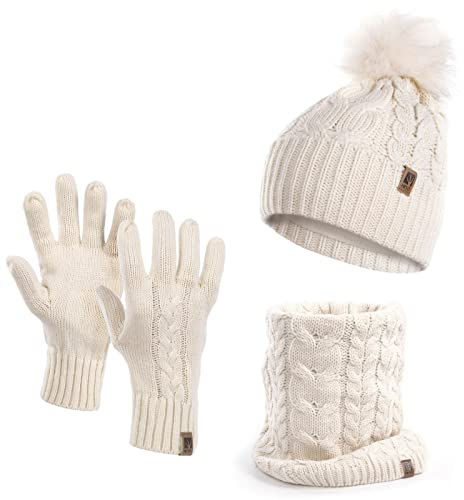 HEYO Damen Wintermütze Schlauchschal Handschuhe 3 teiliges Set | Warme Winter Mütze Schal Winterhandschuhe Beanie gefüttert HZ0004 (Beige)