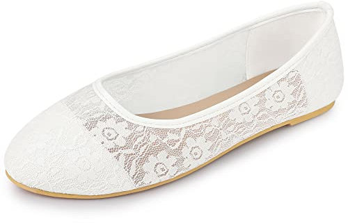 Allegra K Bailarinas sin Cordones con Punta Redonda y Bordado de Malla de Encaje para Mujer Blanco 38.5