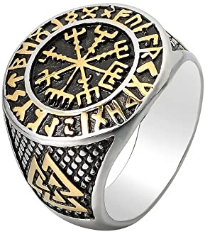 BlackAmazement 316L Edelstahl Ring Vegvisir Wegweiser Midgard Runen Knoten Wikinger Schriftzeichen Kelten Germanen Silber Gold Schwarz Herren (55 (17,5))