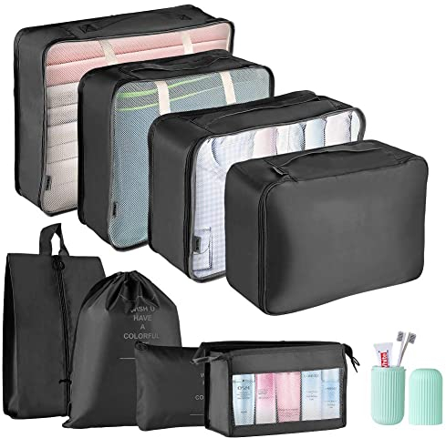 Okiuen Koffer Organizer Set 9-Teilig Packing Cubes Kofferorganizer Reisetasche travel Organizer Wasserdichte Packtaschen Rucksack Reiseordnungstaschen Packwürfel, Schwarz