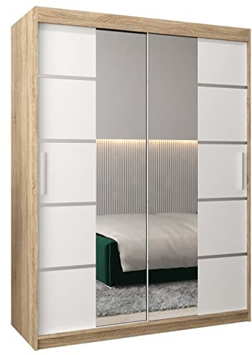 ABIKSMEBLE Verona 4 150 Armario 2 Puertas Correderas para Dormitorio - Armario Moderno con Espejo, Barra y Estantes - 150x200x62 cm (Ancho x Alto x Fondo) - Sonoma + Blanco Mate