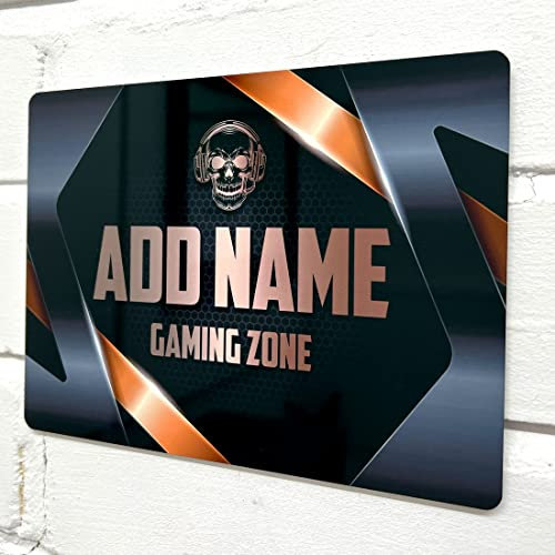 ShopQuality4U Personalised Metal Gamer Sign - Customised Printed Wall Art Plaque A5 Gaming Zone Skull