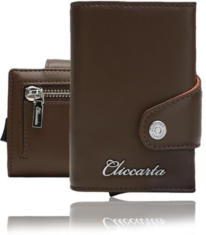 CLICCARTA® Portafoglio Uomo Slim RFID, Porta Carte Uomo Donna con Portamonete e Scomparto Banconote, Compatto ed Elegante, Idea Regalo, Capienza 12 Carte, 20 Banconote e 10 Monete – Marrone Lux