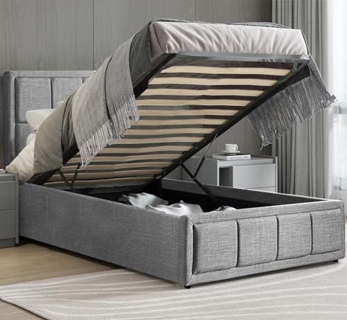 Single Bed Frame, Upholstered Ottoman Bed UKFR Linen Grey Fabric Ottoman Storage Bed with Gas Lift End Opening Wooden Slats with Storage Bed (3ft Small 90 x 190, No Mattress)