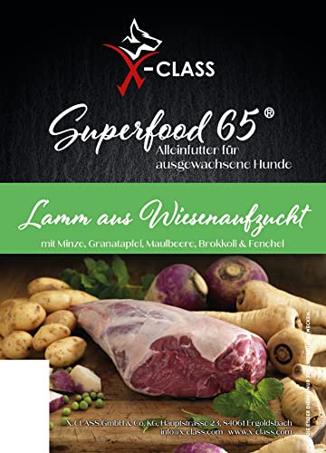 X-CLASS Superfood 65 Lamm aus Wiesenaufzucht mit Minze, Granatapfel, Maulbeere, Brokkoli & Fenchel, First Class Trockenfutter für ausgwachsene Hunde, 12kg, getreidefrei