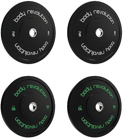 Body Revolution Olympic Bumper Plates - Rubber Coated Barbell Weight Plates - Strength Training Weight Lifting Equipment - Range from 5kg - 25kg, Black, 30kg (2X5kg+ 2X10kg)