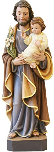 JS Garten Deko Heiligenfigur Heiliger Josef H 12 cm Josef mit Jesuskind und Lilie Holzfigur Statue aus Ahornholz von Dolfi