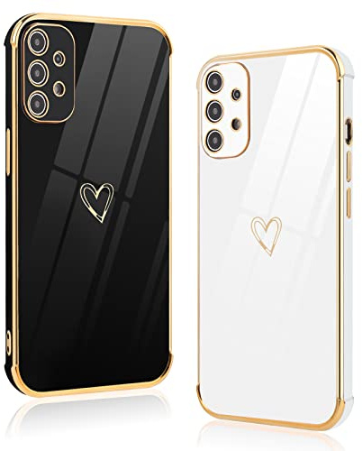 Vauki [2 Pezzi Cover per Samsung Galaxy A52s 5G/A52 4G/5G, Custodia con Motivo Cuore, Antiurto Ultra Silicone TPU Morbida Case con Protezione Della Fotocamera per Samsung A52s 5G, Nero e Bianco