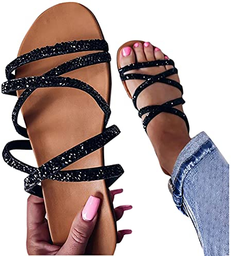 XeonZkne Schuhe Mode Sommer Frauen Retro kristalline Hausschuhe beiläufige Frauen Sandalen Flache Frauen-Sandalen Hohe Schuhe Damen Absatz Billig (Black, 7)