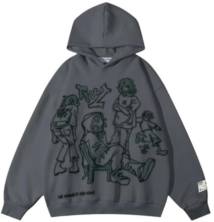 Aelfric Eden Cartoon Line Character Print Hoodie Oversize Damen Kapuzenpullover Baumwoll Langarm Pullover Winter Sweatshirt Baggy Mit Kapuze Sport Gym Athletic Streetwear Grau XL